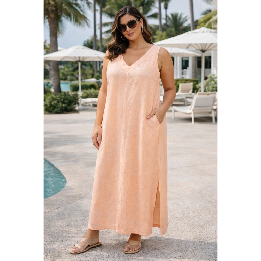 DKNY Women Peach Linen Blend V Neck Sleeveless Maxi Dress‎ XLarge